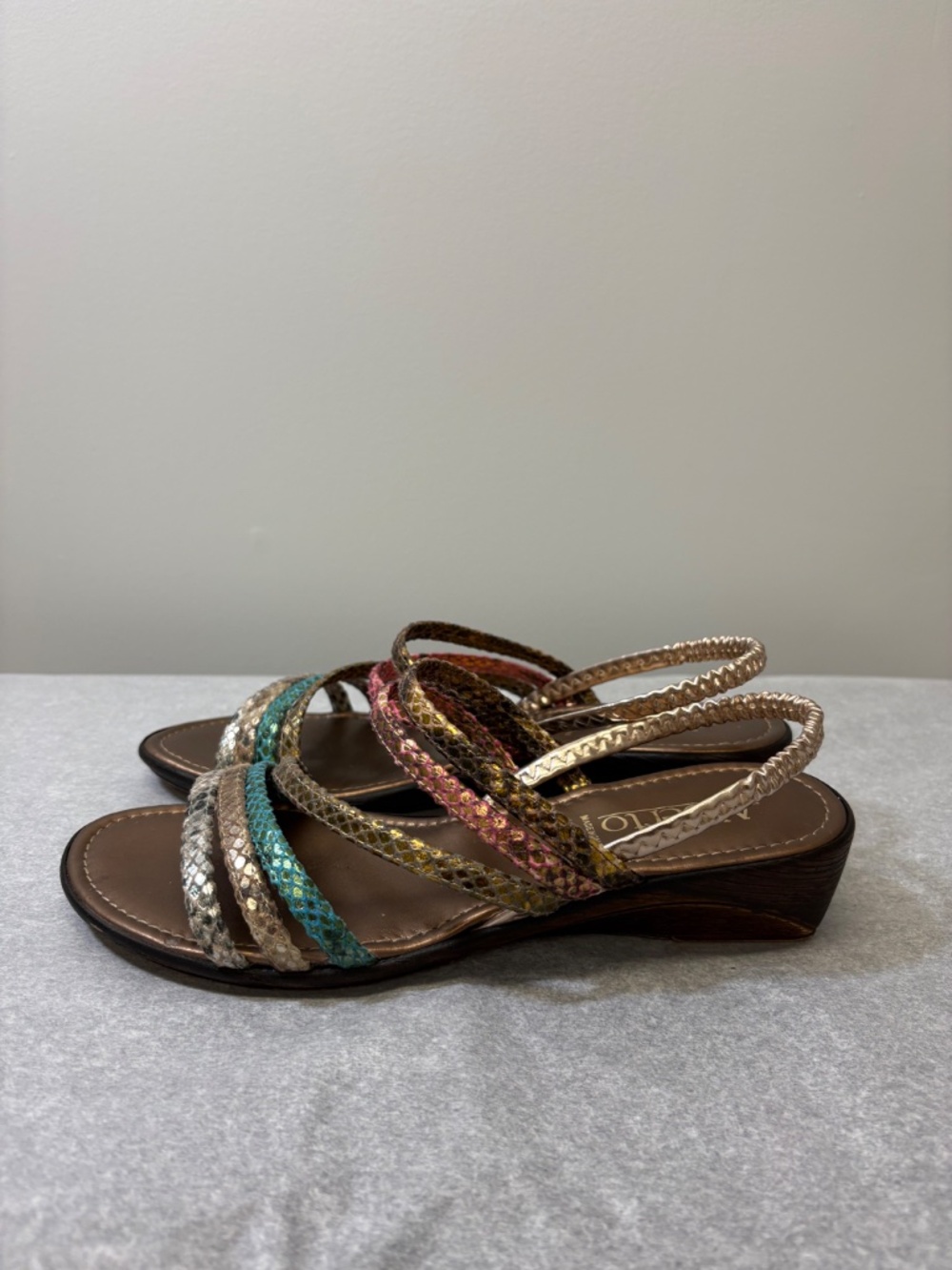 Made in Italy Multi Color Boho Snakeskin Slingback Wedge Sandals, Sz 38/7.5